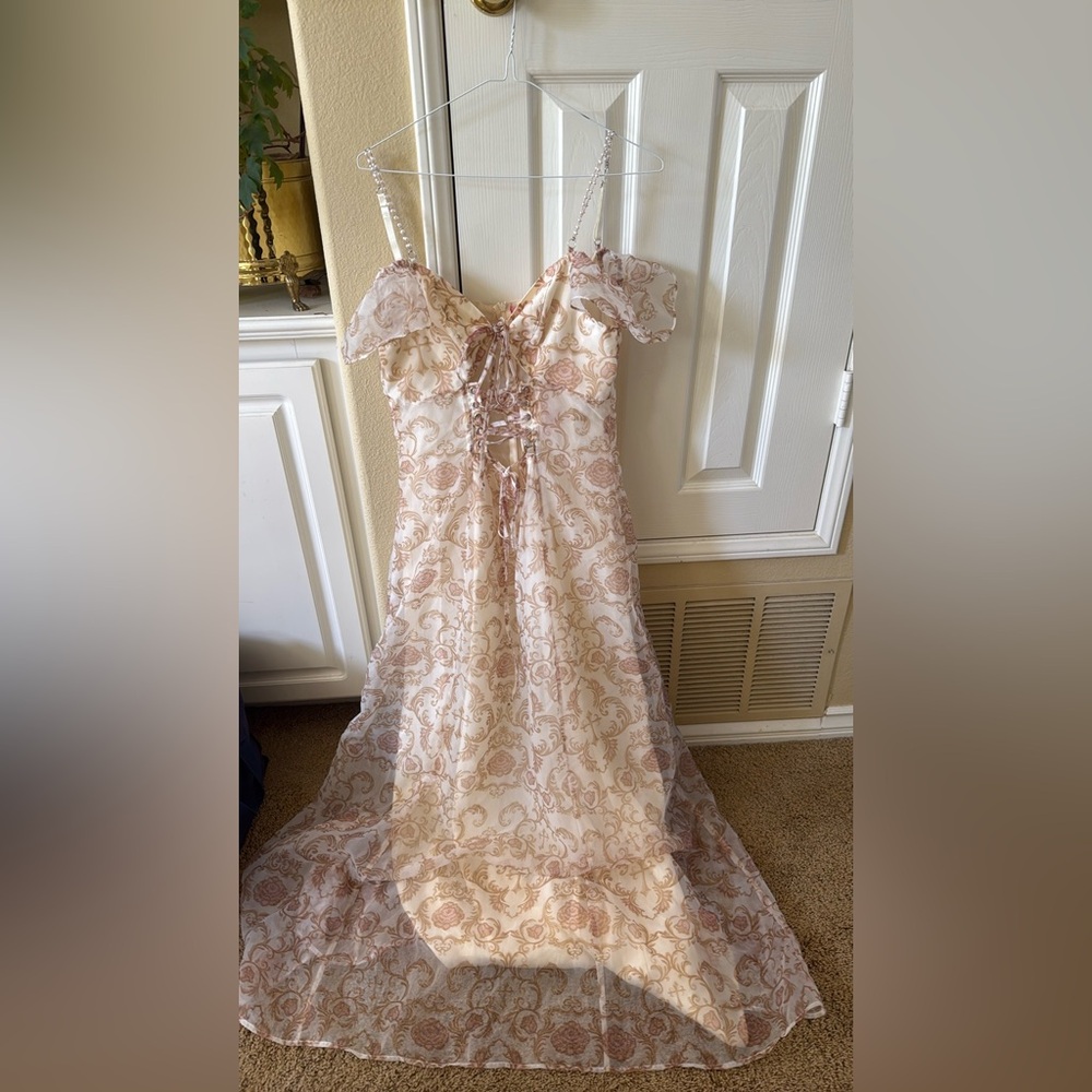 Sugar Thrillz Cream and Gold A-Line maxi corset dress off shoulder XL NWT prom